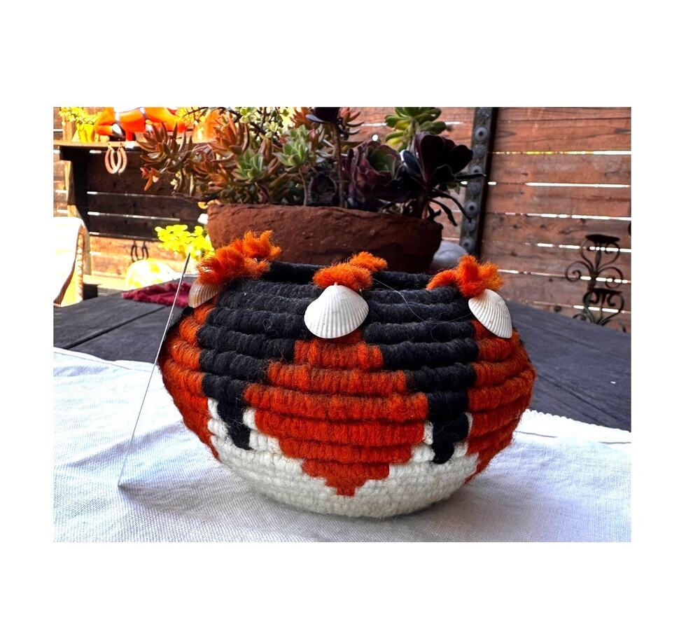 Betz Salmont Signed Fiber Art Coiled Basket -Shells-Orange Tiger Fox  7"